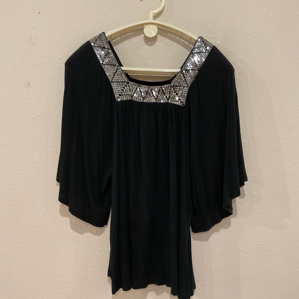 Forever 21 Flowy Blouse Square Sequin Neckline Flutter Sleeves Black Women’s Med - Picture 2 of 11